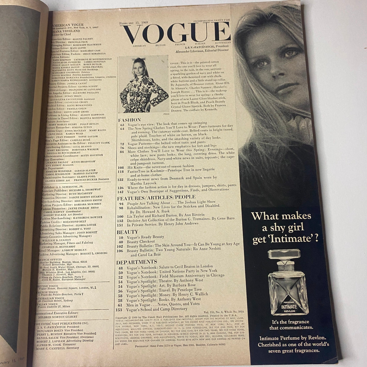 Interior page of Vogue Magazine February 15, 1969 displaying the table of contents, highlighting articles and features in fashion, beauty, and culture.