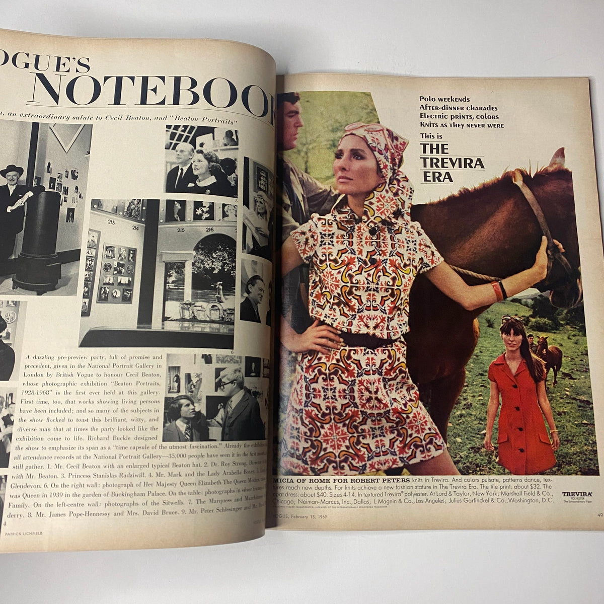Interior spread of Vogue Magazine February 15, 1969 depicting Vogue's Notebook section, featuring content related to fashion, culture, and significant figures.