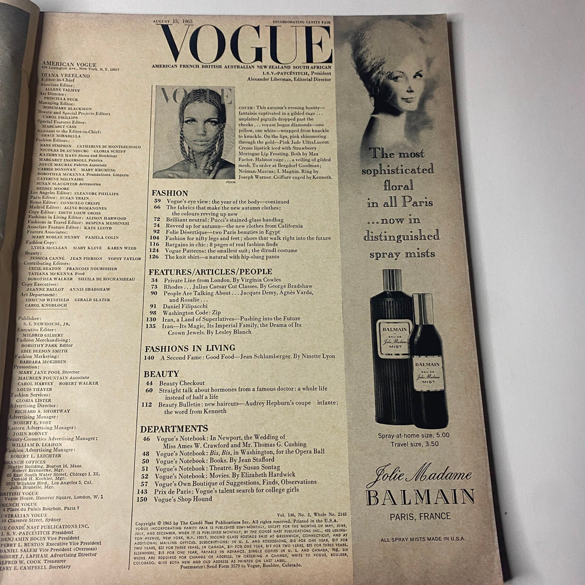Inside image of Vogue Magazine August 15, 1965 featuring a table of contents page, showcasing articles on fashion and beauty.