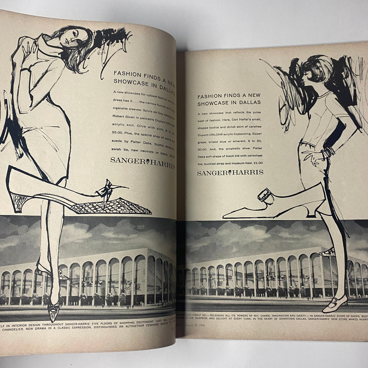 Fashion advertisement illustration from Vogue Magazine August 15, 1965 highlighting a showcase in Dallas.