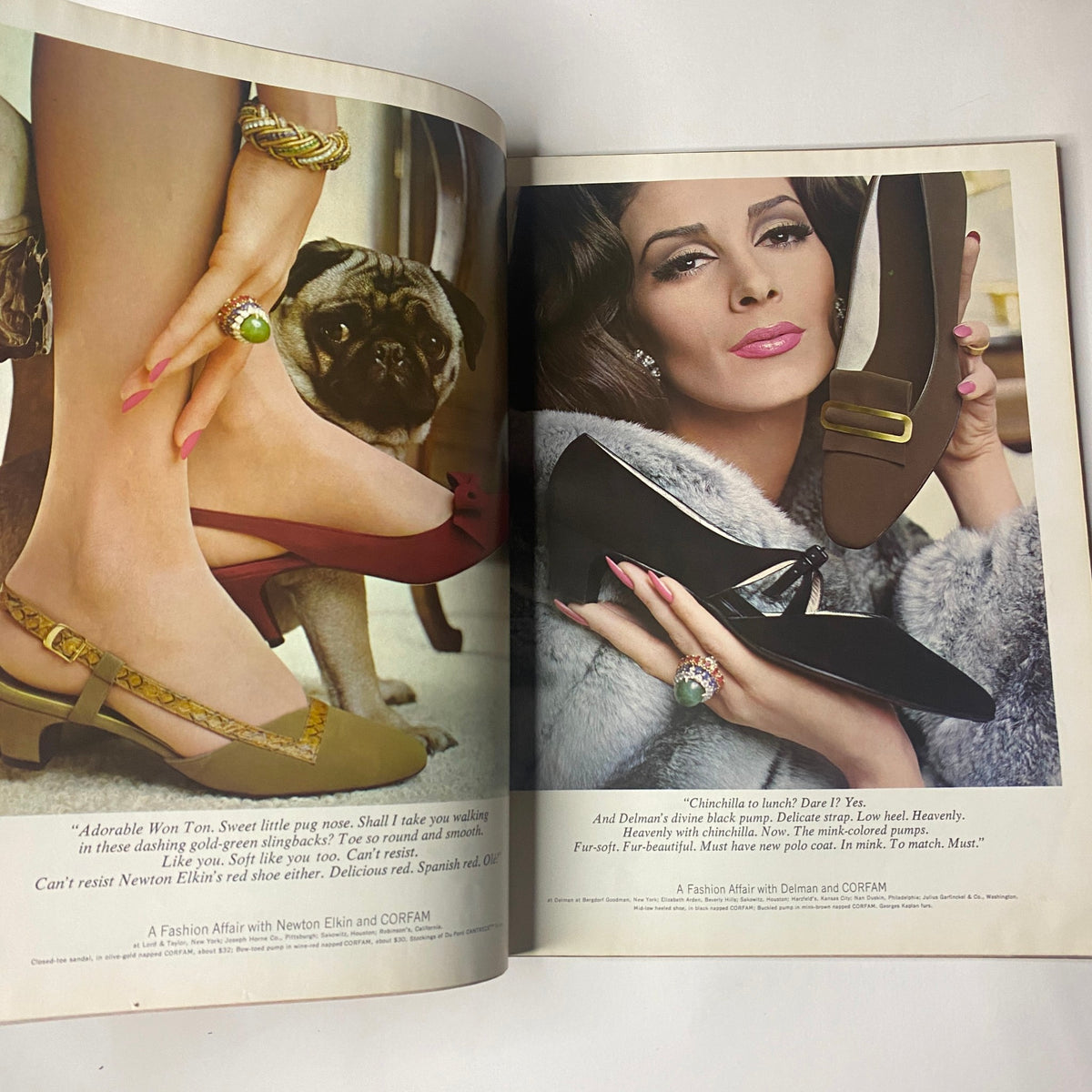 Page from Vogue Magazine August 15, 1965 displaying a glamorous model showcasing shoes with a fashionable pug, promoting Newton Elkin and OCBFM.