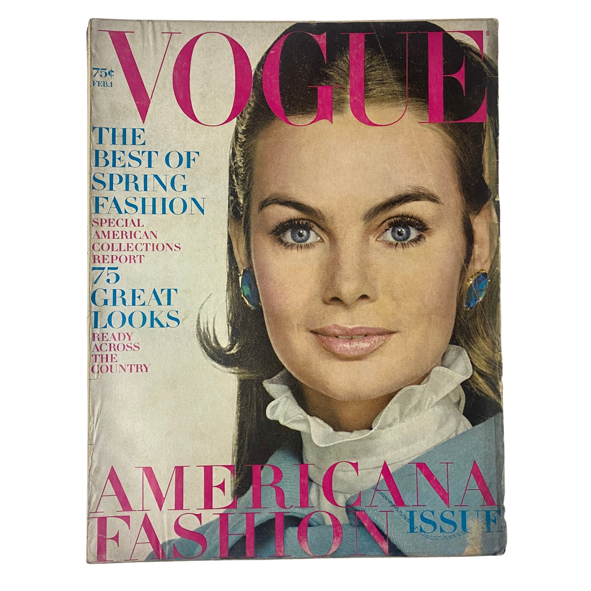 Cover of Vogue Magazine February 1, 1968 featuring an elegant model with brown hair and bold jewelry, captured by Irving Penn. The headline reads 'AMERICANA FASHION ISSUE' and showcases the best of spring fashion.