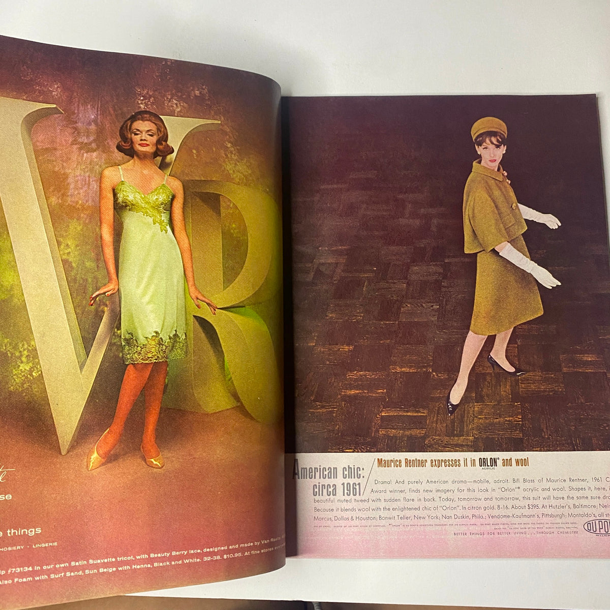 Fashion editorial spread from Vogue Magazine October 1, 1961 showcasing a green evening gown and a classic coat modeled by contemporary styles.