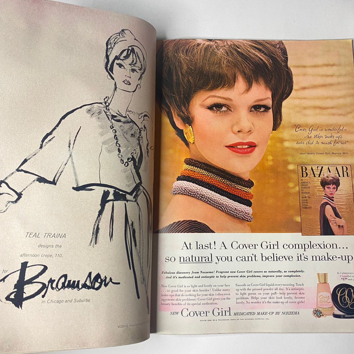 Advertisement for Cover Girl makeup in Vogue Magazine October 1, 1961, showcasing a model with vibrant colors and styling for makeup products.