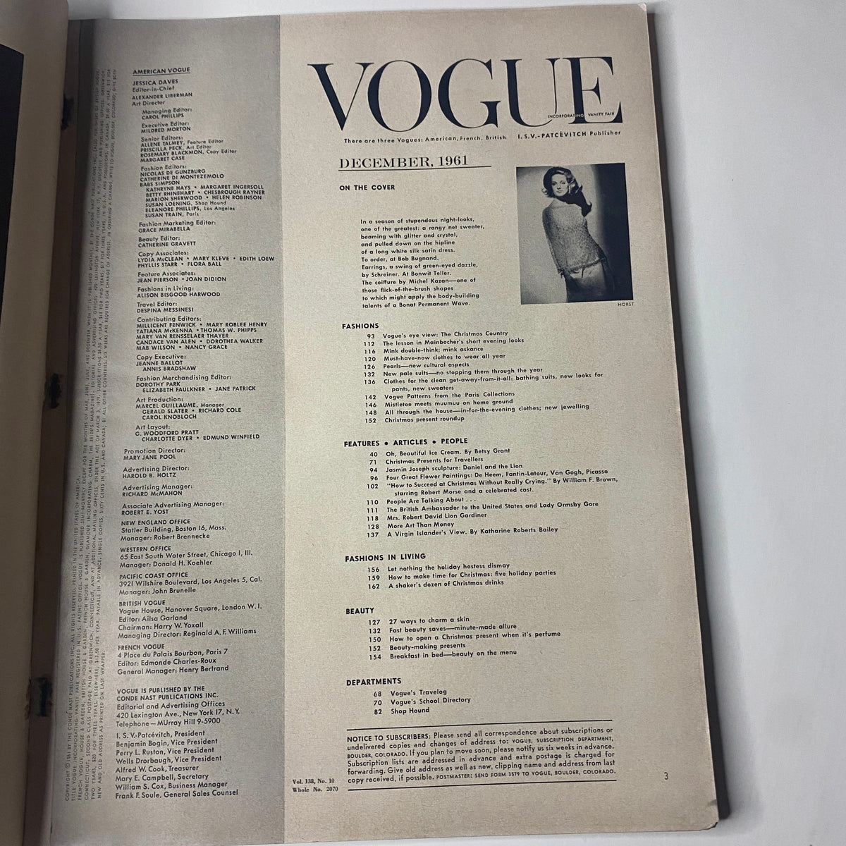 Inside page of Vogue Magazine December 1961 Antonia Boekestyn Cover by Horst P. Horst presenting the table of contents and showcasing early 1960s fashion and beauty features.