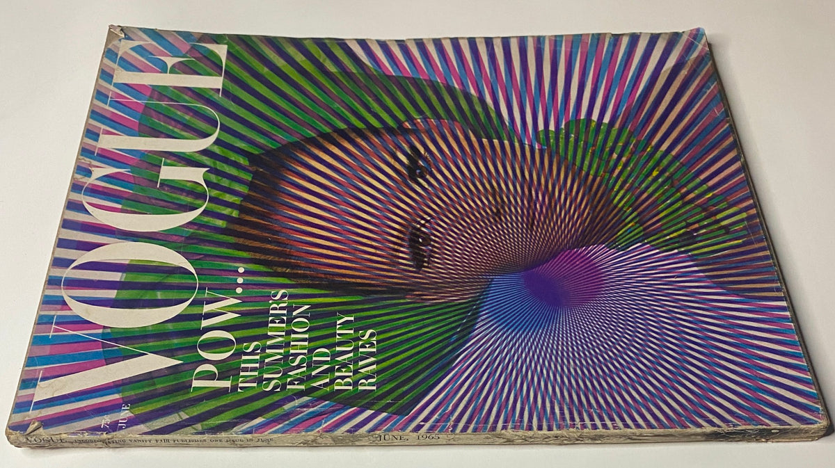 Side view of Vogue Magazine June 1965, showcasing the iconic cover with an optical illusion art style and summer fashion focus.
