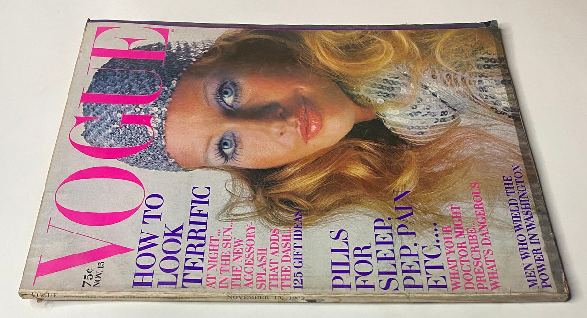 Another angle of the Vogue Magazine cover from November 15, 1969, highlighting Françoise Rubartelli’s striking look, highlighting the vintage advertisement style of the era.