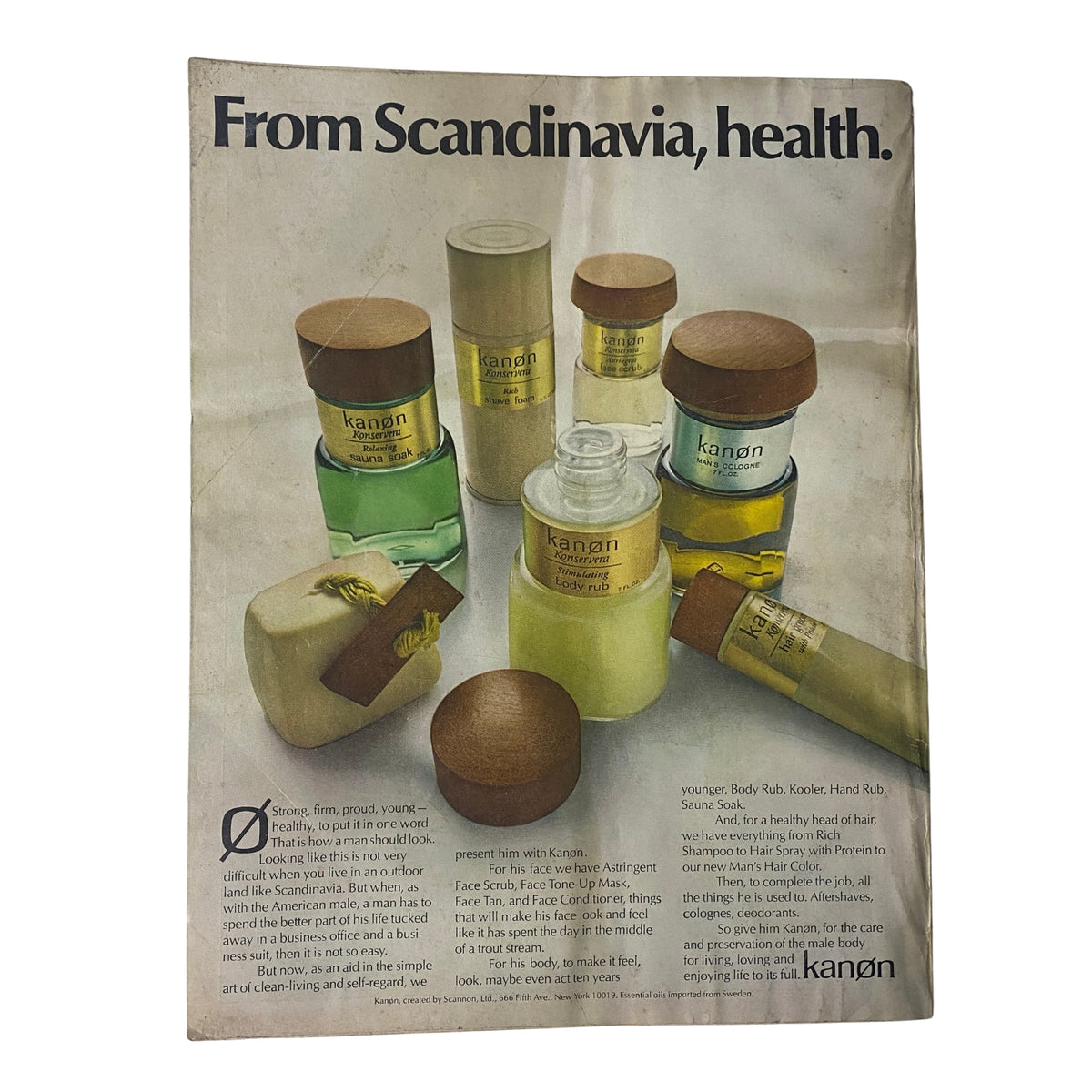 Vintage advertisement from a 1969 issue of Vogue Magazine showcasing Kanon health products from Scandinavia, featuring various beautifully designed bottles with wooden caps.