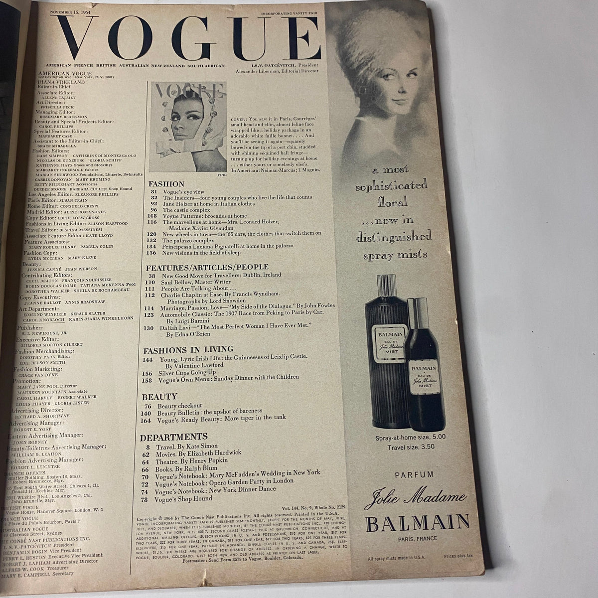 Interior page of Vogue Magazine November 15, 1964, displaying an advertisement and a notable article on fashion and beauty.