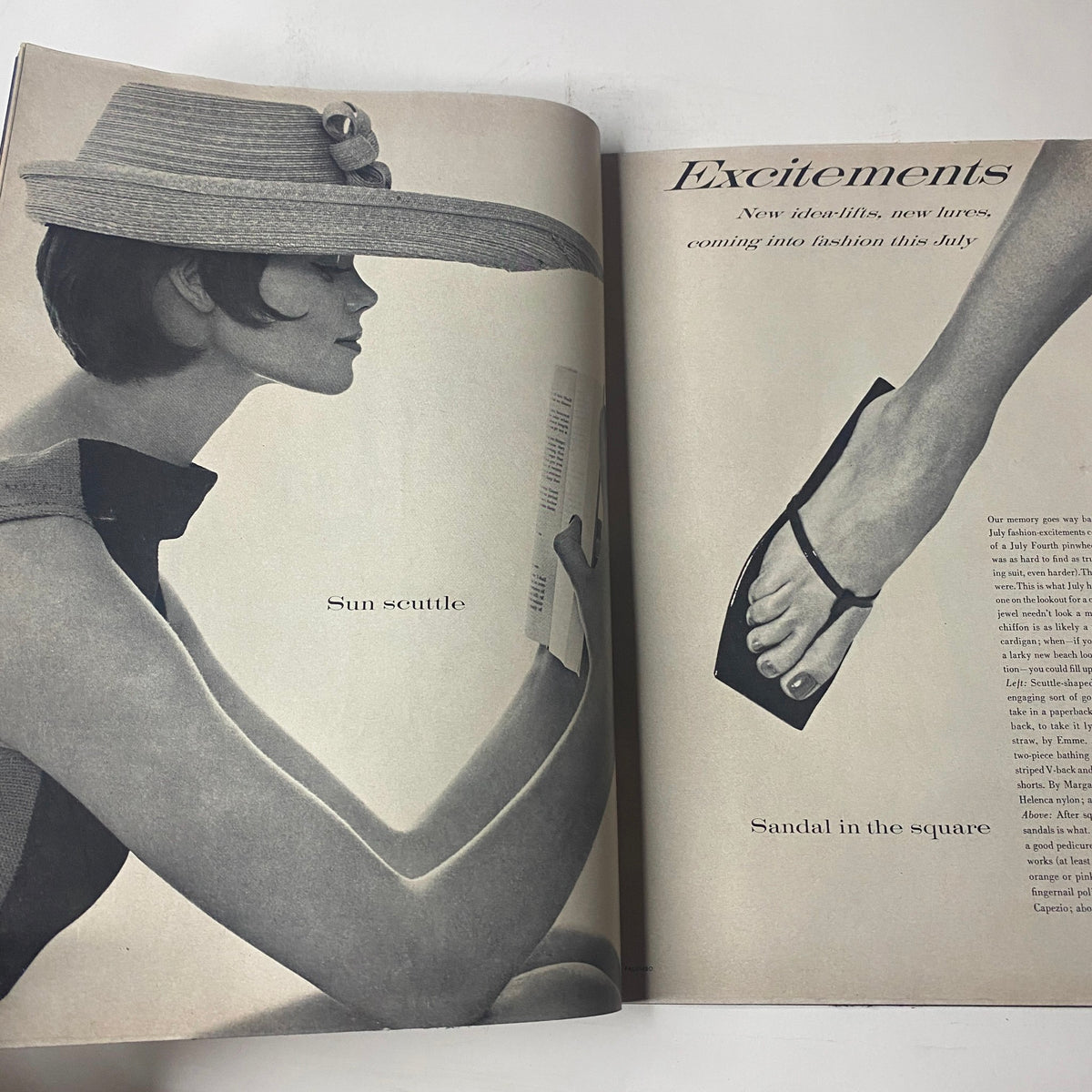 Interior page from Vogue Magazine July 1961 featuring Deborah Dixon cover by Bert Stern, showcasing fashion items titled 'Excitements' with a model wearing a stylish sun hat and sandal.