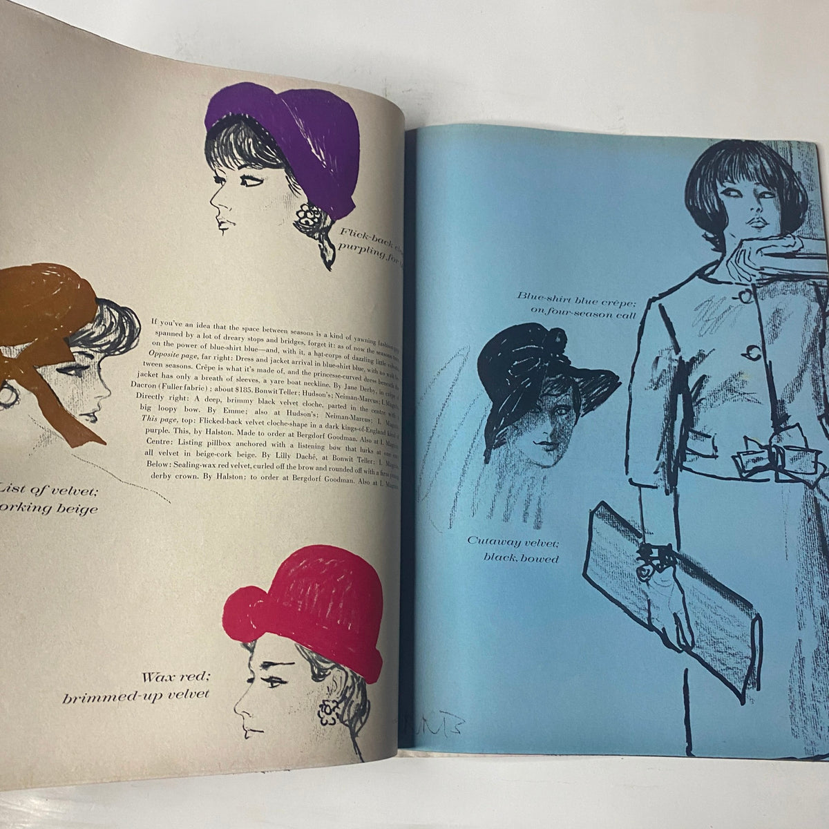Interior illustration from Vogue Magazine July 1961 featuring Deborah Dixon cover by Bert Stern, depicting fashion sketches including a vibrant red velvet hat and stylish outfits.