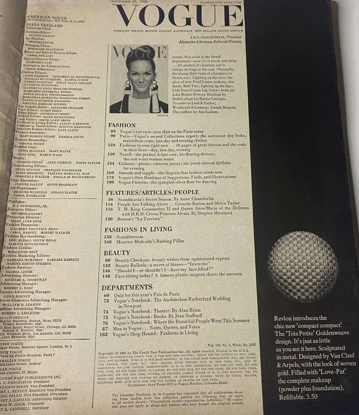 Table of contents from Vogue Magazine September 15, 1966 featuring articles on fashion, features, and departments, part of the iconic issue with Brigitte Bauer cover photograph by Richard Avedon.