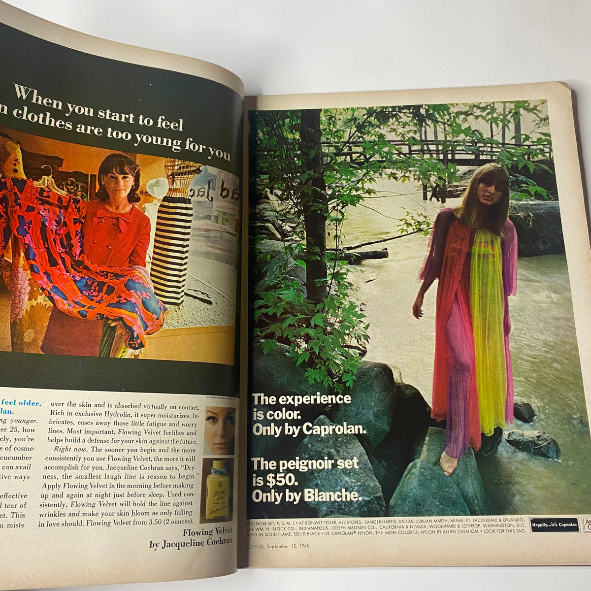 Fashion spread from Vogue Magazine September 15, 1966 featuring vibrant clothing styles, including a colorful flowing velvet outfit, demonstrating mid-century fashion trends and photography.