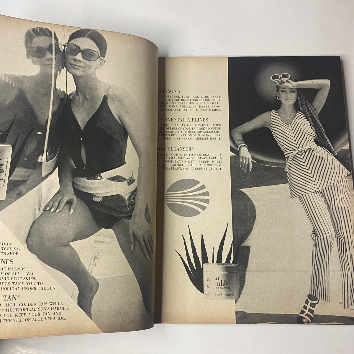 Interior spread of Vogue Magazine May 1969 featuring swimwear advertisements and fashion visuals, illustrating mid-century style. A model poses stylishly, showcasing contemporary swim fashion.