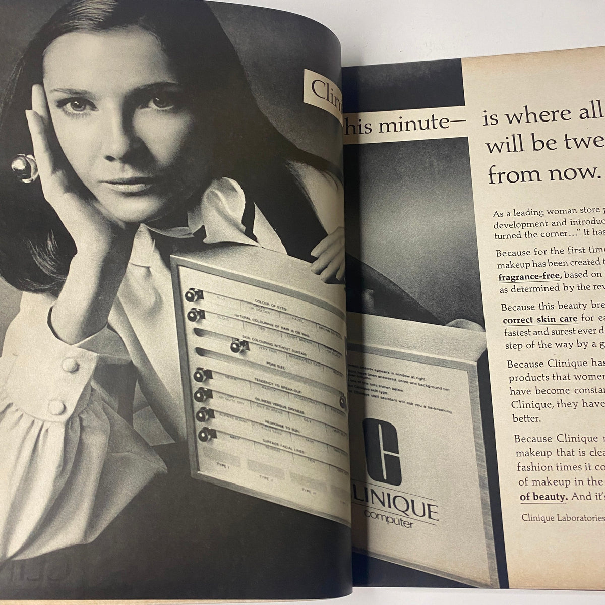 Another interior spread from Vogue Magazine May 1969, featuring a Clinique advertisement and fashion advice highlighted in black and white. This captures the magazine's blend of beauty and style.