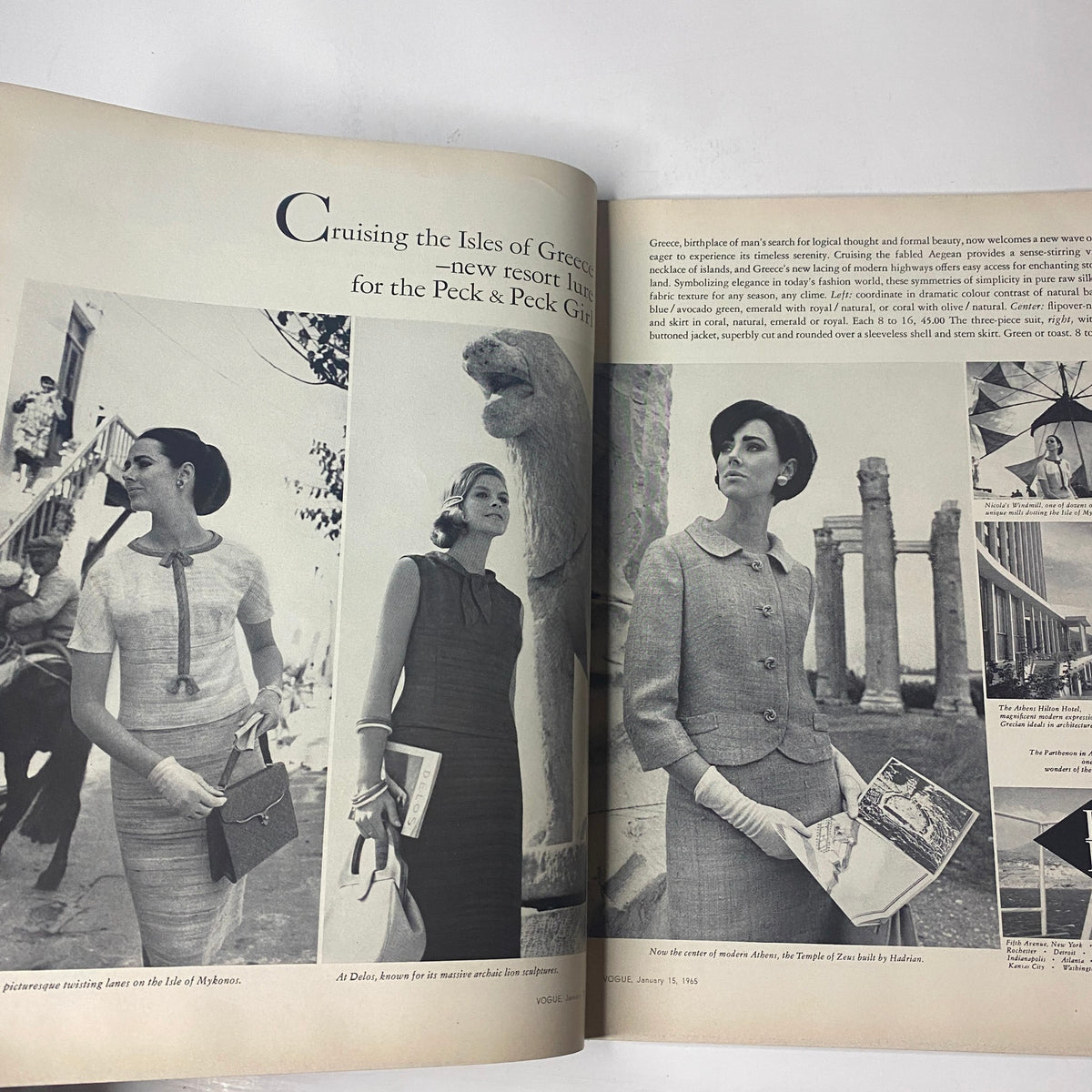 Interior page from the January 15, 1965 Vogue Magazine showing models wearing stylish garments, reflecting mid-1960s fashion trends in a travel narrative.