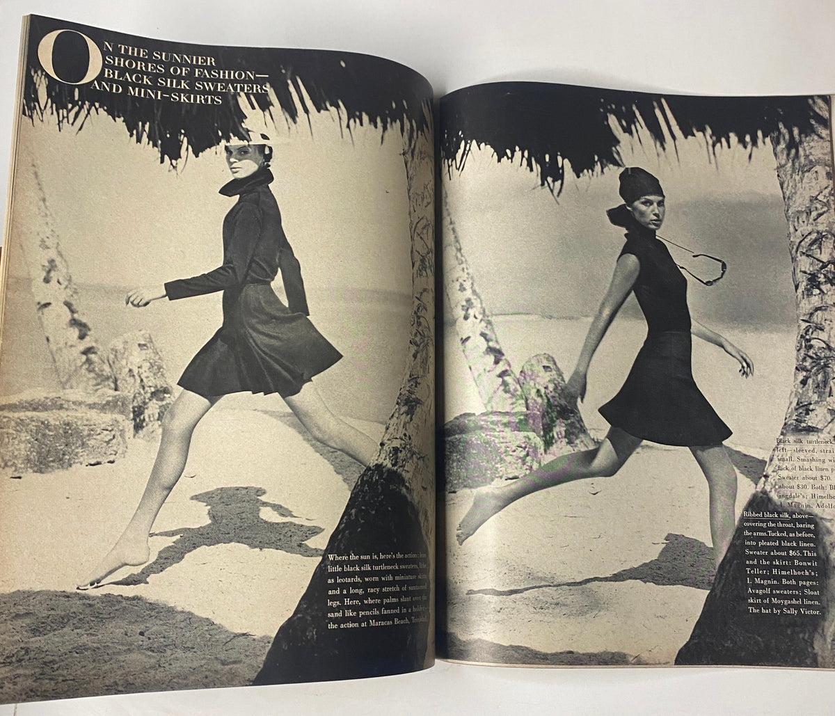 Fashion editorial from Vogue Magazine January 15, 1965 featuring models in stylish mini-skirts and silk sweaters, reflecting the vibrant fashion trends of the 1960s.