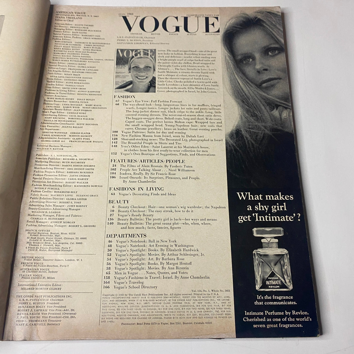 Inside page of Vogue Magazine July 1969, displaying the table of contents and a black and white photograph of a model, with Susanne Schöneborn on the cover by John Cowan.
