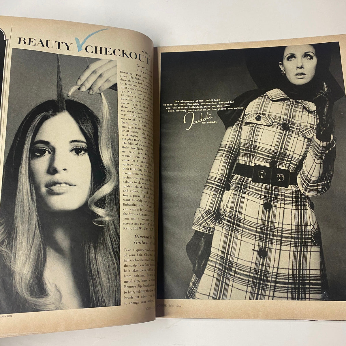 Beauty feature page from Vogue Magazine July 1969, illustrating a model with unique hairstyles in black and white. Cover features Susanne Schöneborn, photographed by John Cowan.