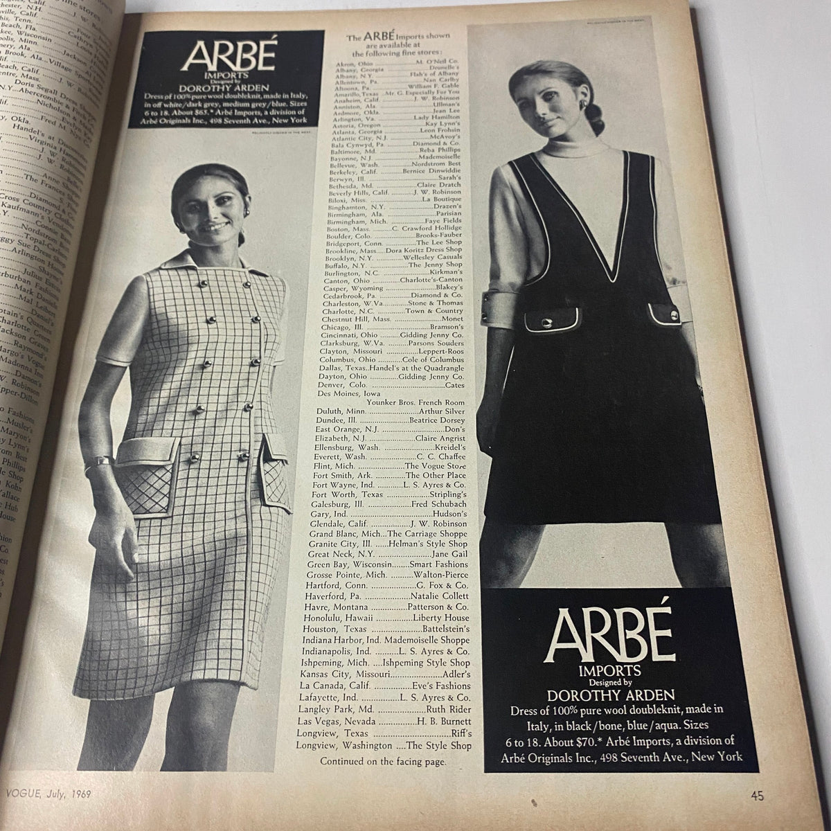 Fashion advertisement page from Vogue Magazine July 1969, featuring models in stylish outfits. Cover by John Cowan highlighting Susanne Schöneborn.