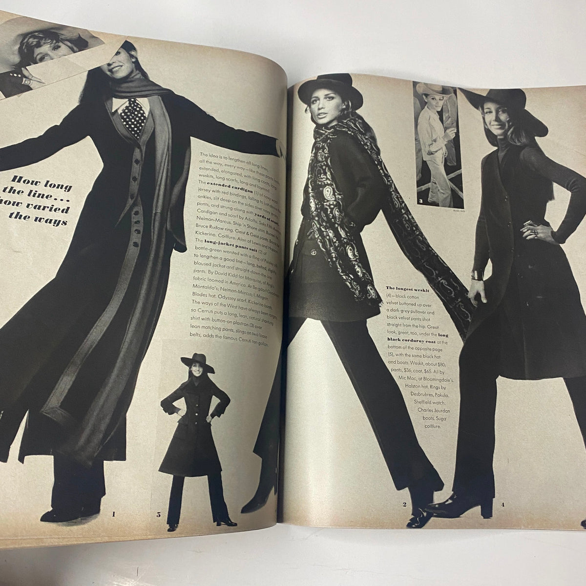Interior spread from Vogue Magazine July 1969 featuring a fashion editorial showcasing stylish outfits, including long silhouettes and accessories, highlighting the 1960s fashion trends.