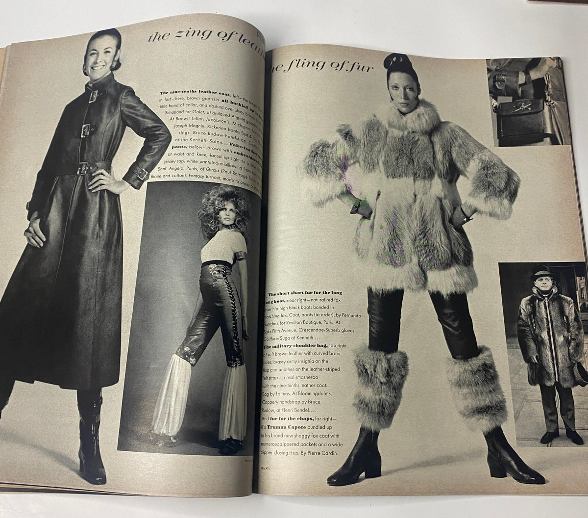 Vogue Magazine July 1968 fashion spread featuring models in stylish outfits, including leather and fur designs, emphasizing retro fashion trends.