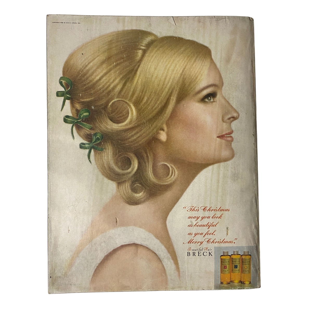 Vintage advertisement with a woman's profile featuring a hairstyle, promoting Breck products, from the July 1968 issue of Vogue Magazine with Lauren Hutton cover by Irving Penn.