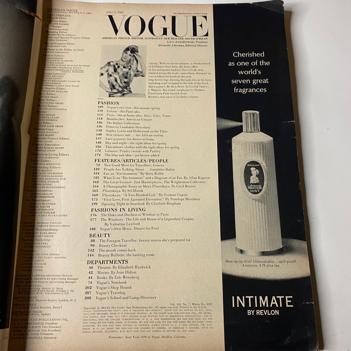 Table of contents from Vogue Magazine April 1, 1964, highlighting featured articles and fashion sections, emphasizing the magazine's elegance and editorial layout.