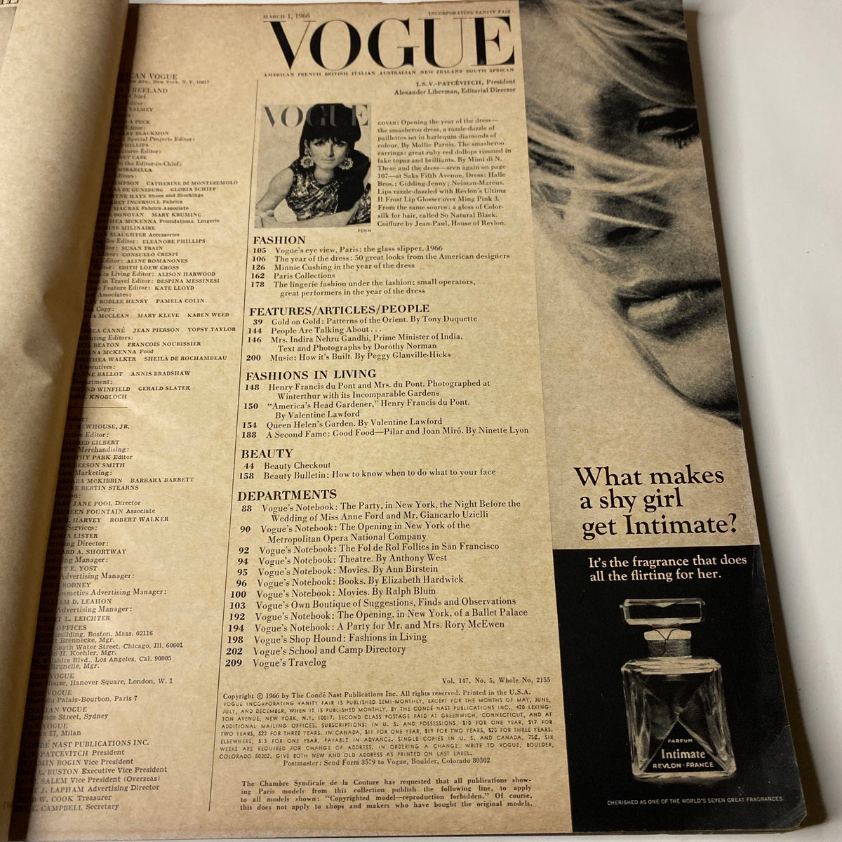 Inside page of Vintage Vogue Magazine March 1, 1966, featuring magazine contents and articles, highlighting the blend of fashion and cultural commentary.