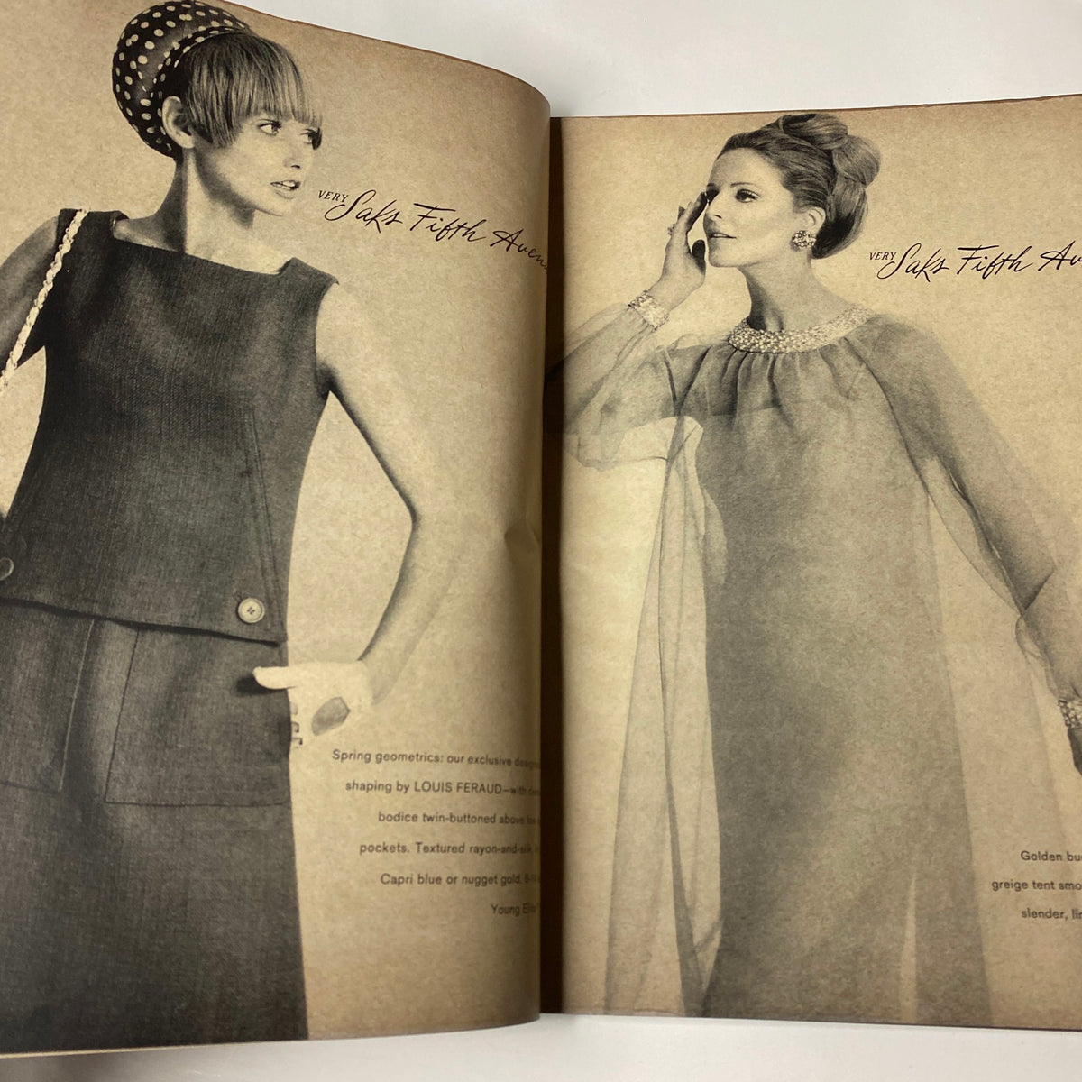 Two-page spread from Vintage Vogue Magazine March 1, 1966 showcasing 1960s fashion styles, emphasizing geometric patterns and sophisticated silhouettes.
