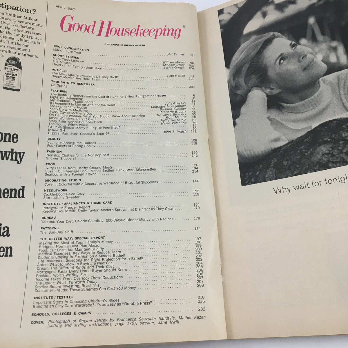 Table of contents page from Good Housekeeping Magazine April 1967, listing various articles and features related to budgeting and household finance.