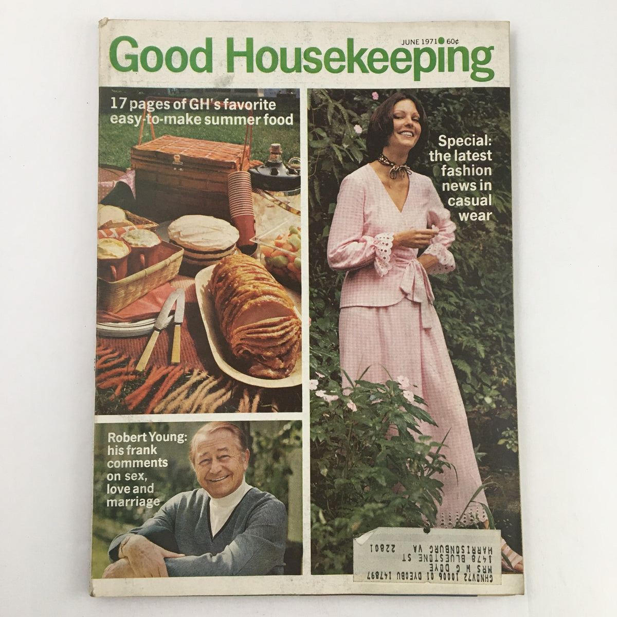 Cover of Good Housekeeping Magazine from June 1971 featuring Robert Young and an article on comments about love and sex. The cover showcases summer food ideas, fashion news, and highlights Robert Young's perspectives on relationships.