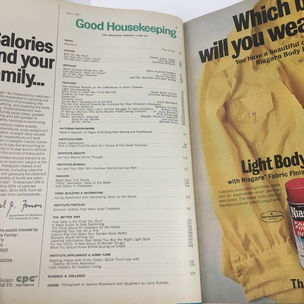 Inside page of Good Housekeeping Magazine July 1971 showing the table of contents, capturing various articles and features in this vintage issue.