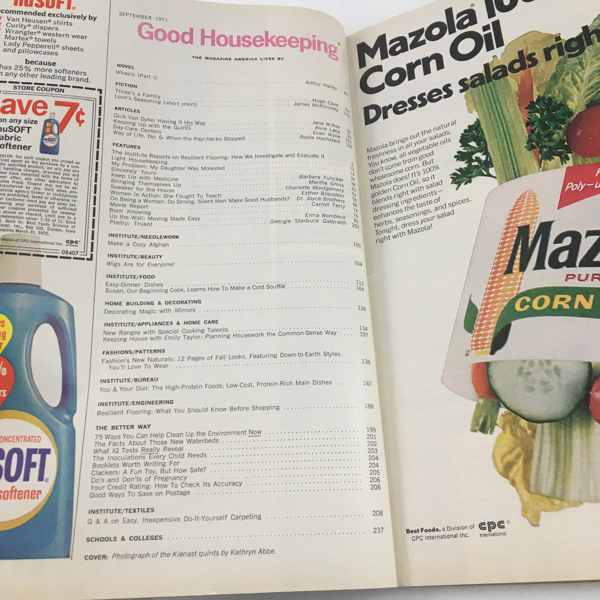 Interior page of Good Housekeeping Magazine September 1971 showcasing the table of contents, featuring articles and recipes including household tips and stories related to family life.
