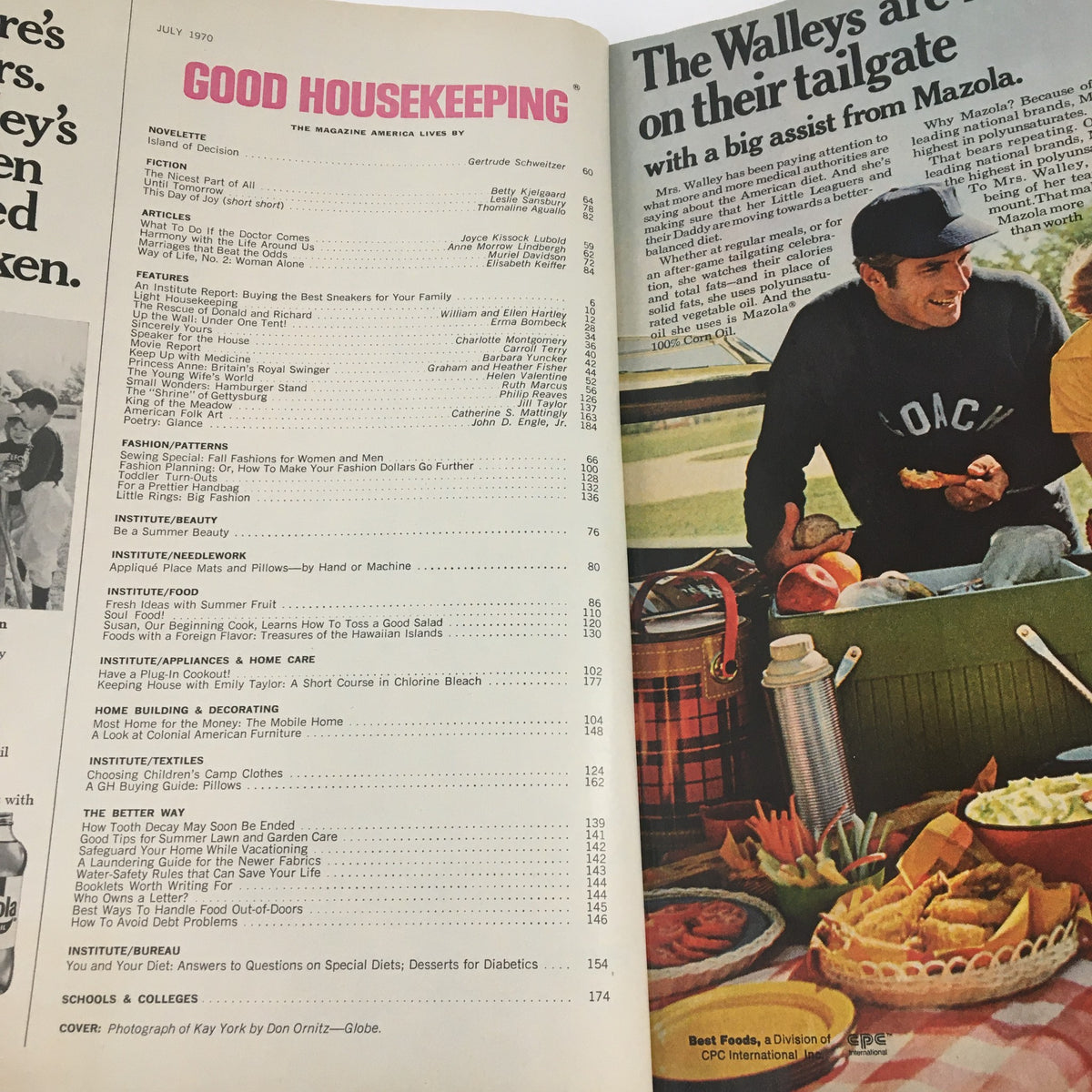 Interior page of Good Housekeeping Magazine July 1970 showcasing the table of contents with articles on food, beauty, and home care, reflecting mid-century living.