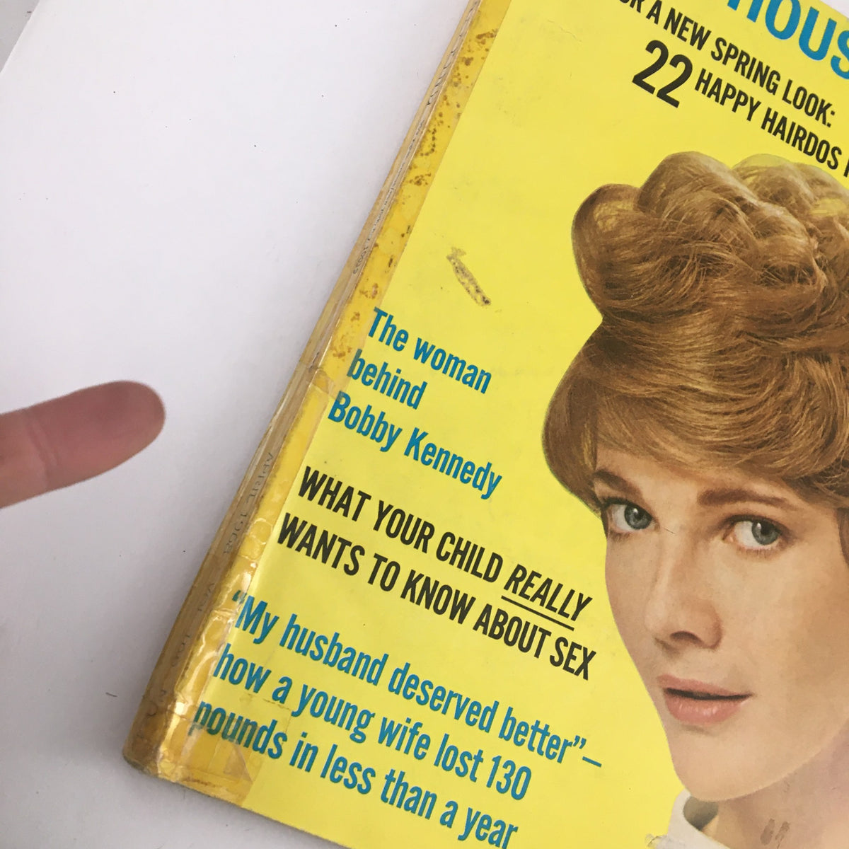Close-up view of the Good Housekeeping Magazine April 1968 cover, emphasizing the title 'The Woman Behind Bobby Kennedy' and additional headlines about family topics and lifestyle tips.