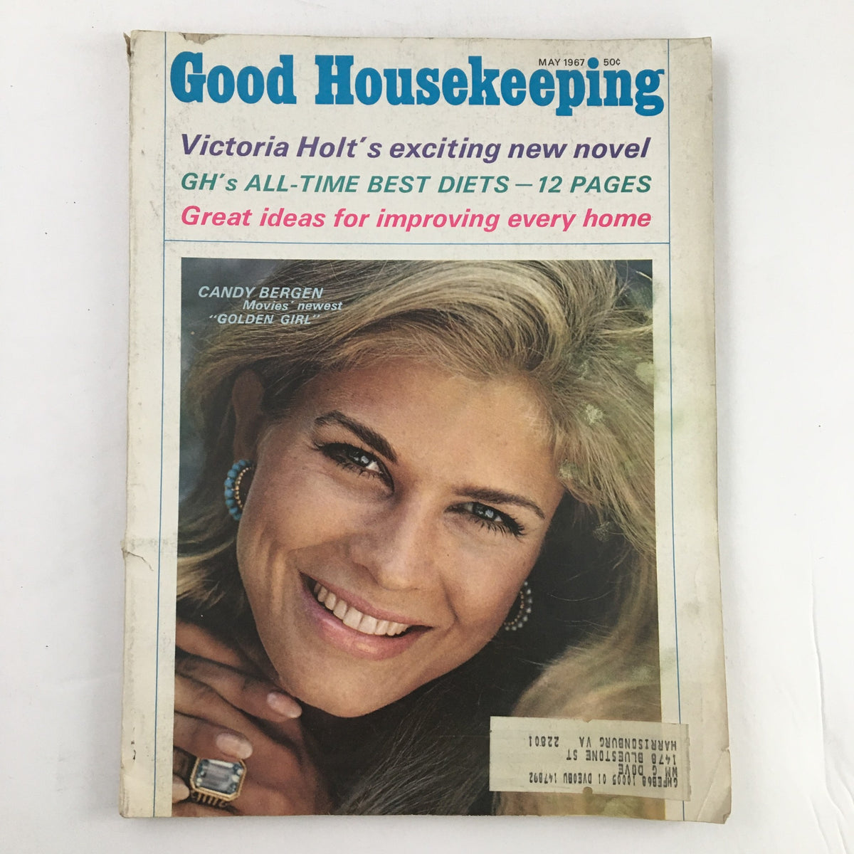 Cover of Good Housekeeping Magazine May 1967 featuring Candy Bergen, known as movies' newest golden girl, showcasing her charm and elegance.