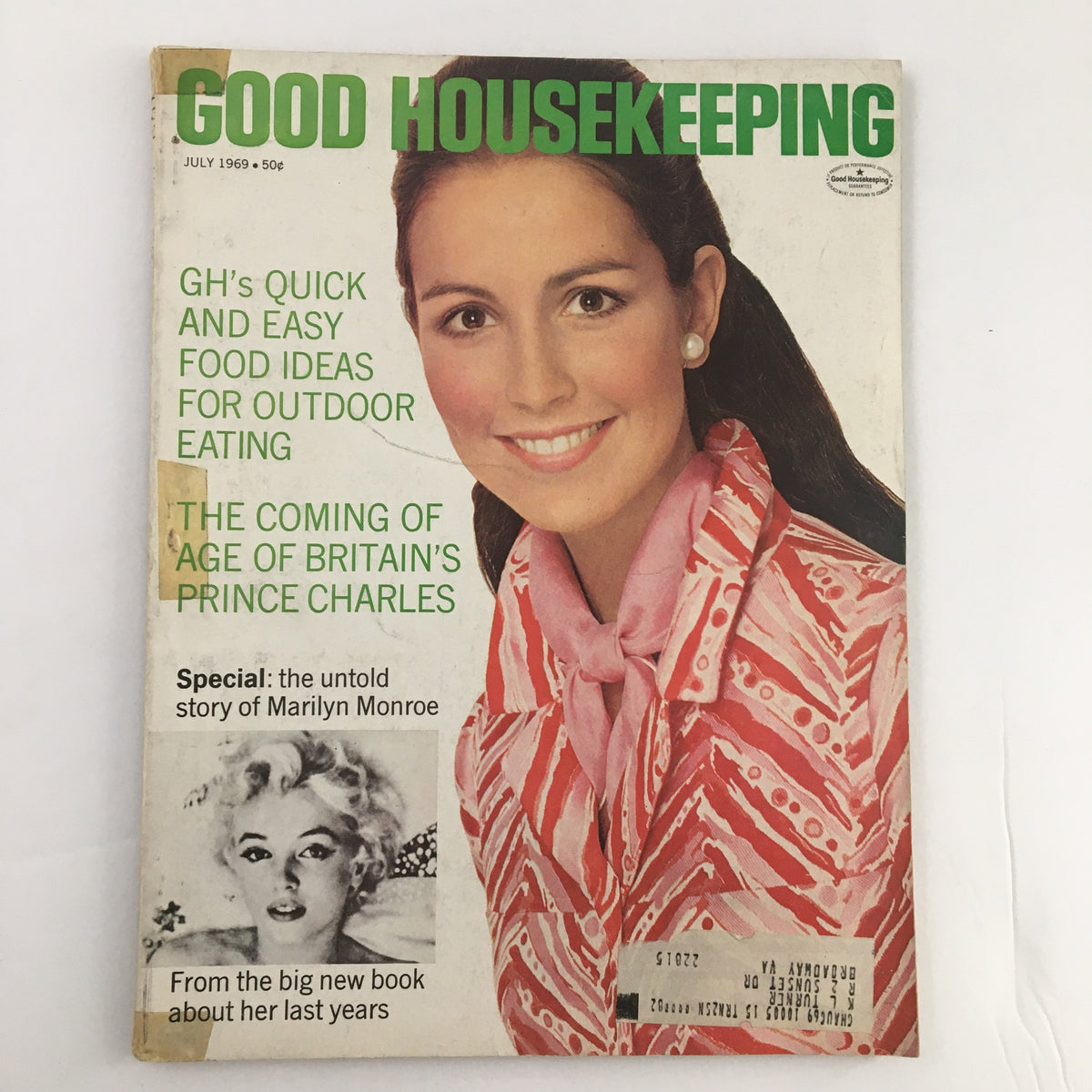 Cover of Good Housekeeping Magazine July 1969 featuring a smiling woman in a pink jacket and the headline about the untold story of Marilyn Monroe.