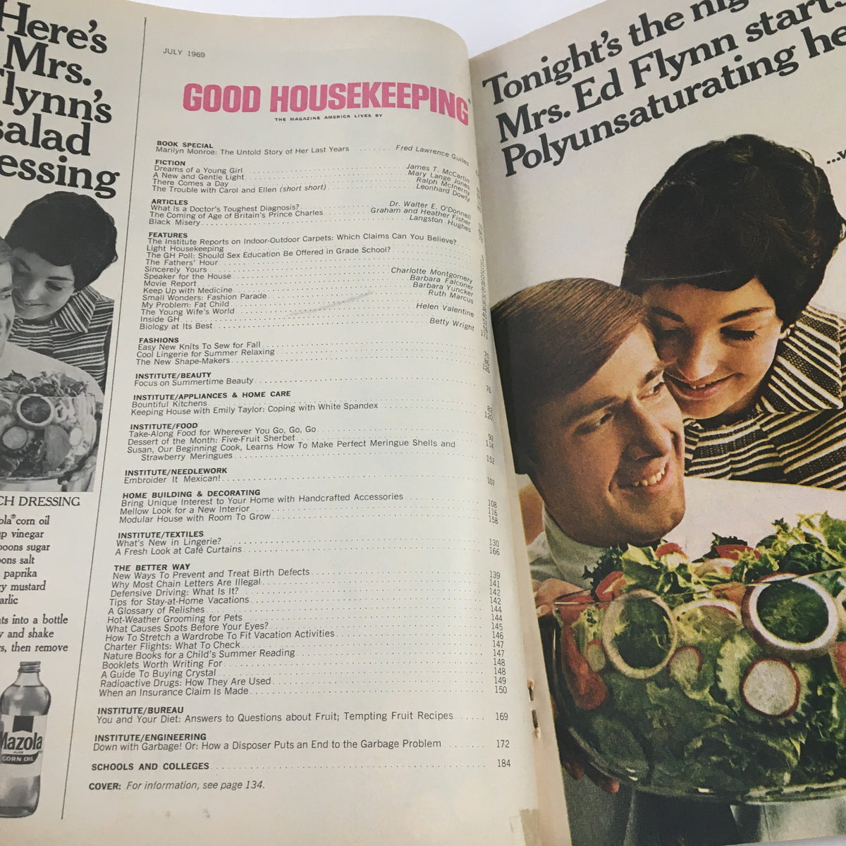 Interior page of Good Housekeeping Magazine July 1969 displaying the table of contents along with various article titles including the cover story on Marilyn Monroe.