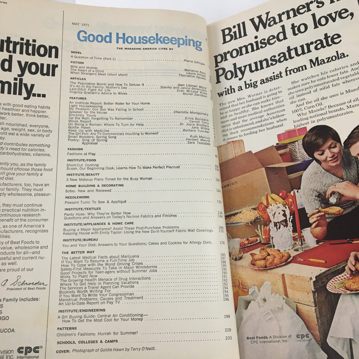 Inside spread of Good Housekeeping Magazine May 1971 displaying the table of contents with various features including health and cooking tips, alongside cultural discussions.