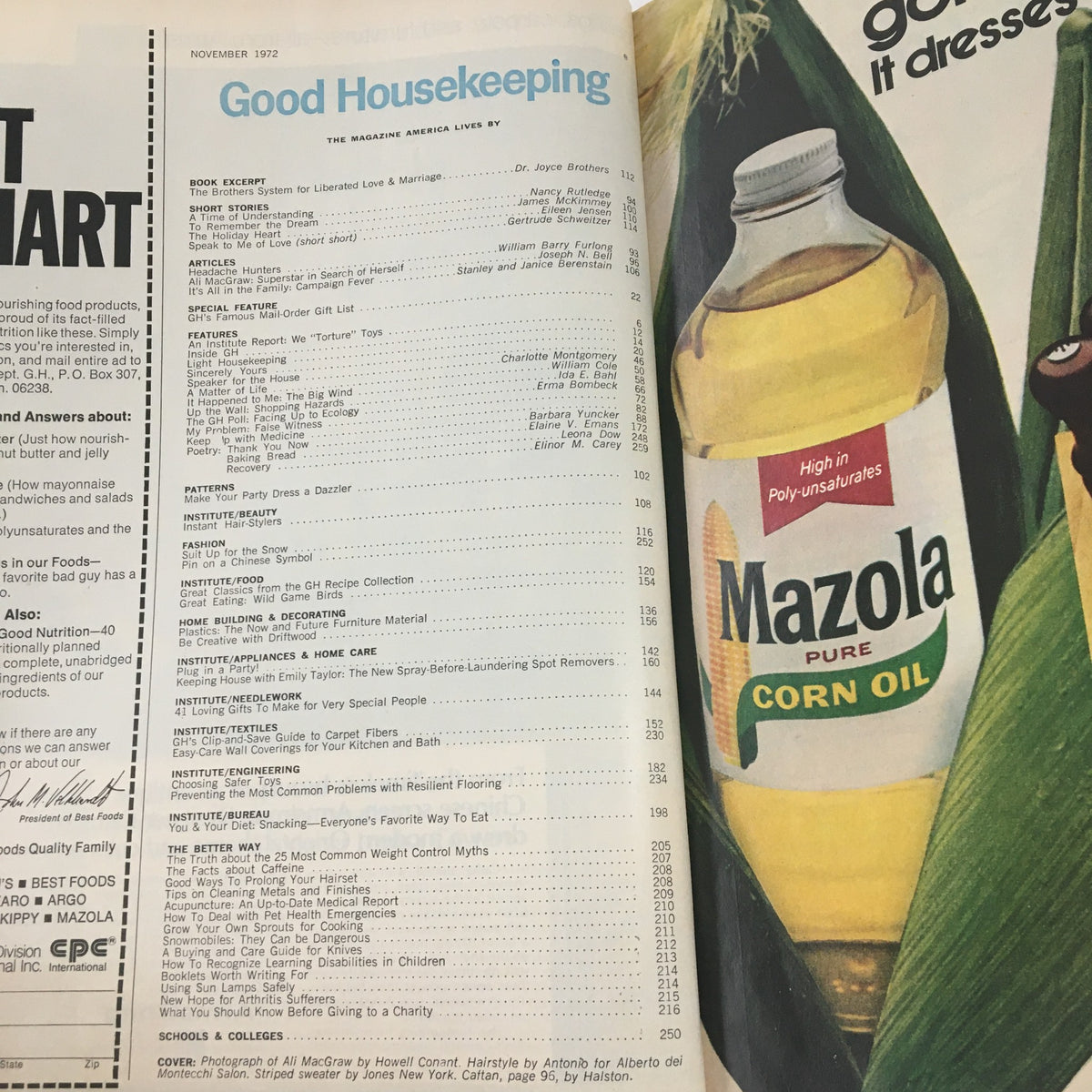 Inside page of Good Housekeeping Magazine, November 1972, displaying the contents along with advertisements, illustrating the magazine's vintage appeal.