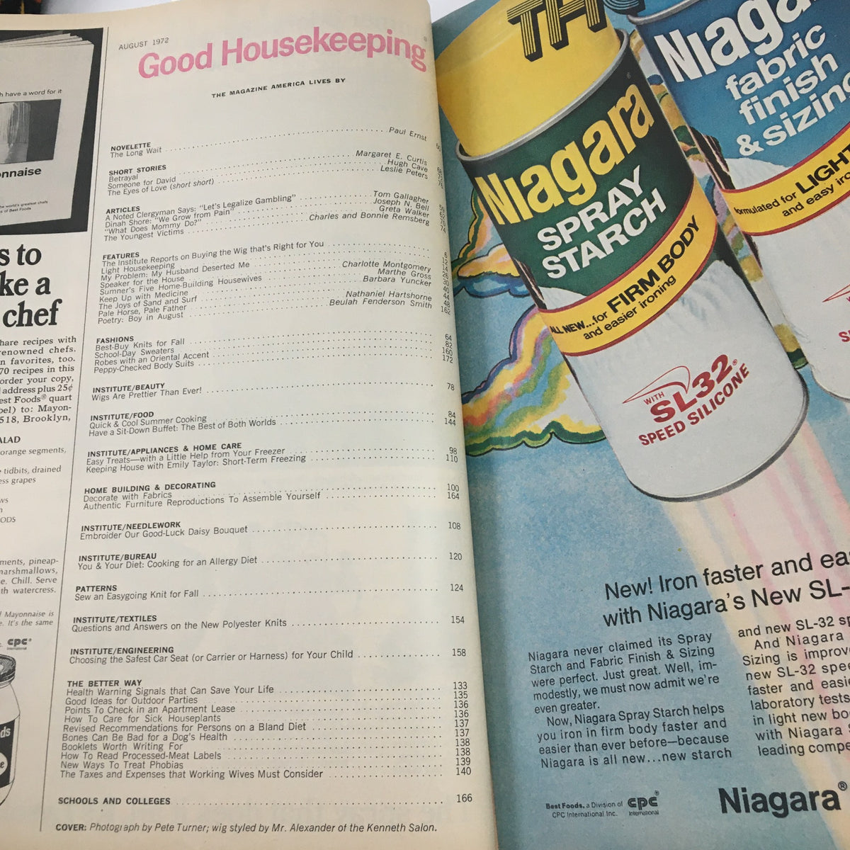 Interior page of Good Housekeeping Magazine August 1972 displaying table of contents with various articles and features, including Dinah Shore's views about love and marriage.