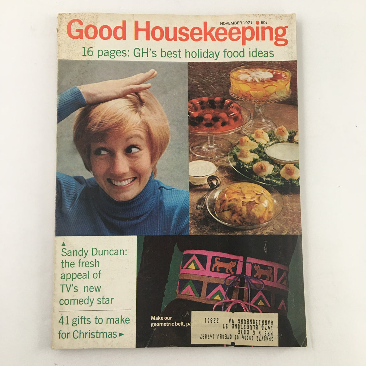 Cover of Good Housekeeping Magazine from November 1971 featuring Sandy Duncan, showcasing her as TV's new comedy star, with a focus on holiday food ideas.