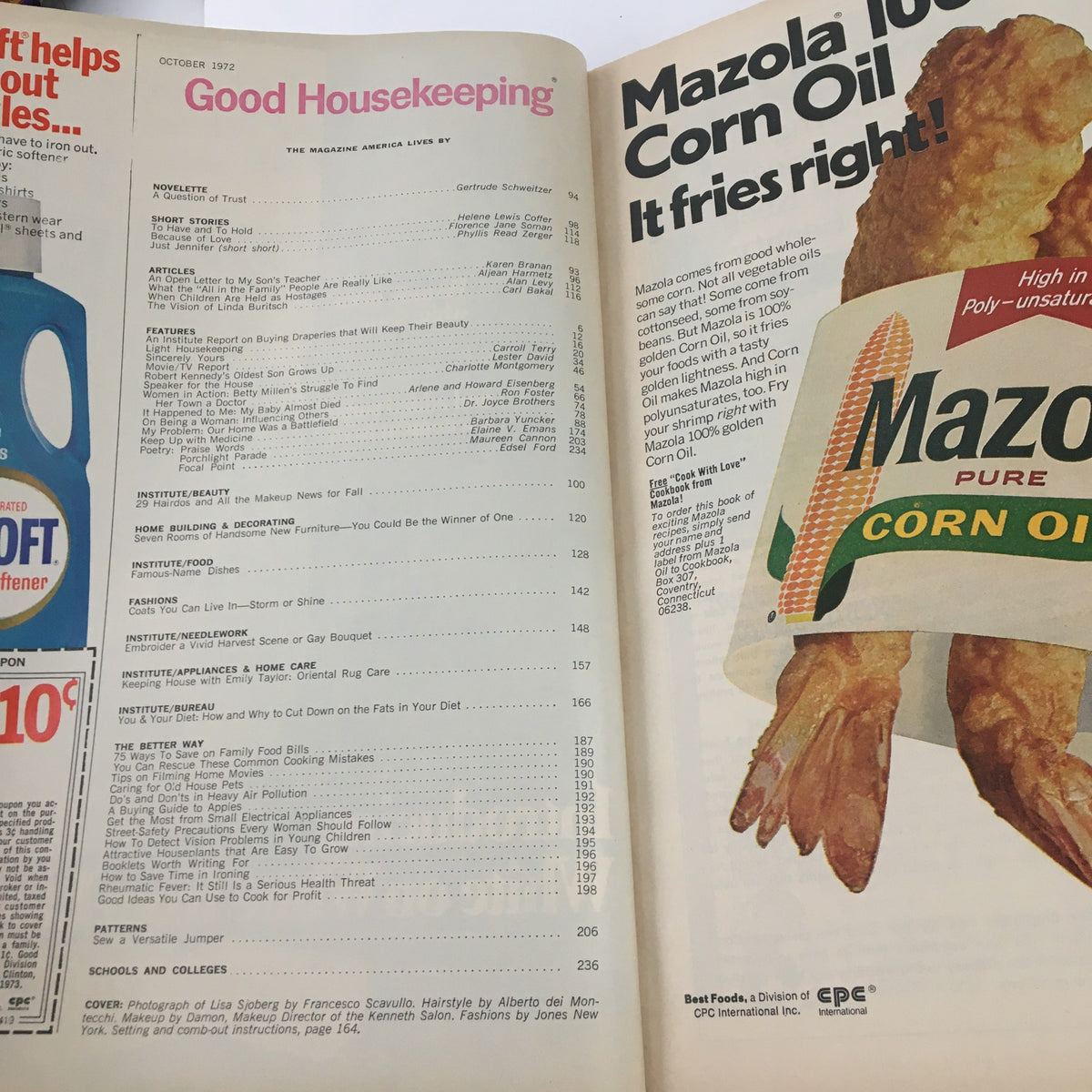Interior page of Good Housekeeping Magazine from October 1972 showing the table of contents. The magazine features articles and sections related to recipes, home improvement, and more, along with the title 'Good Housekeeping Magazine October 1972 Robert Kennedy's Oldest Son Grows Up'.