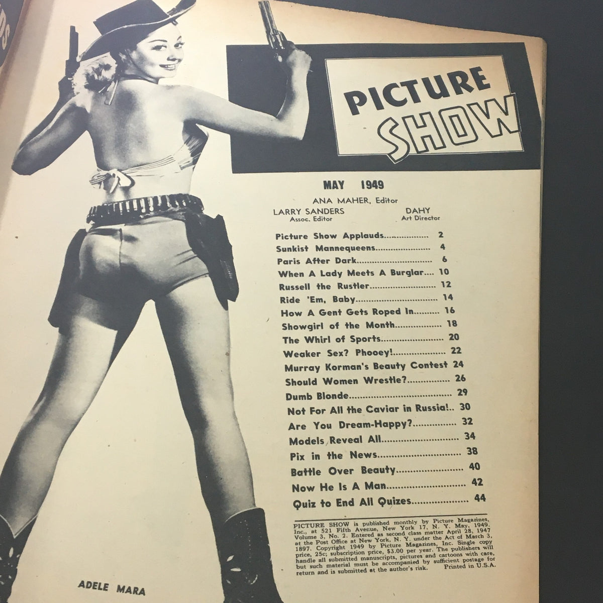 Interior page of May 1949 VTG Picture Show for Men Magazine, highlighting a stunning depiction of actress Adele Mara, featuring the magazine's table of contents and vintage format.