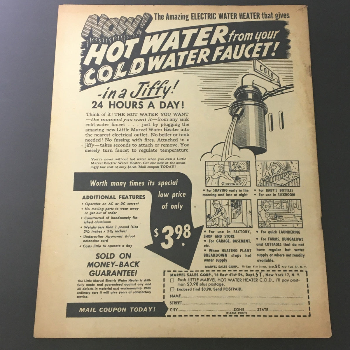 Advertisement for an electric water heater from the May 1949 issue of VTG Picture Show for Men Magazine, illustrating its features and benefits, reflecting mid-20th century design and advertising style.