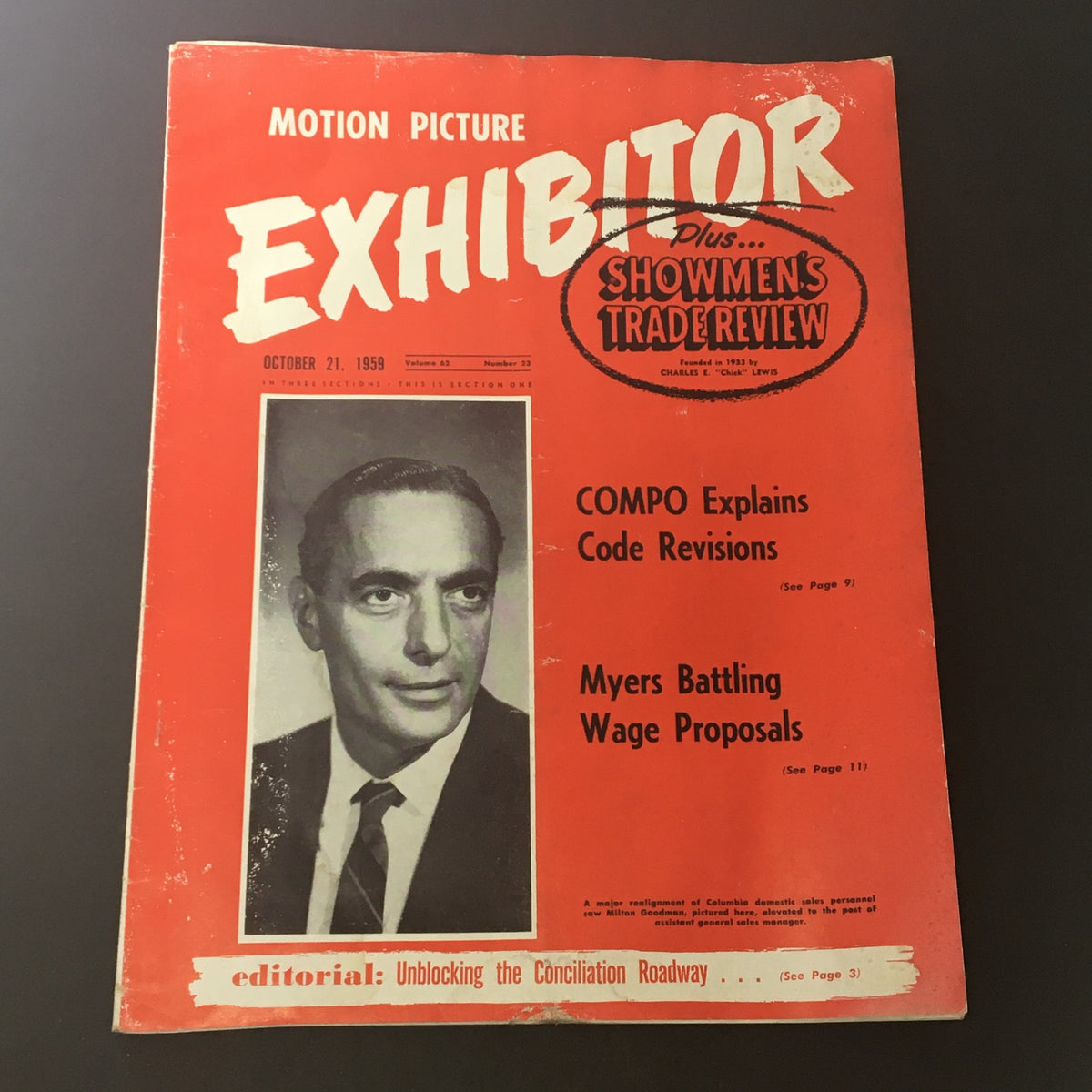 Vintage Motion Picture Exhibitor magazine cover from October 21, 1959, Volume 62, Issue #23, showcasing an editorial on showbusiness and featuring a black-and-white photo of a male figure. The cover highlights articles on code revisions and wage proposals.