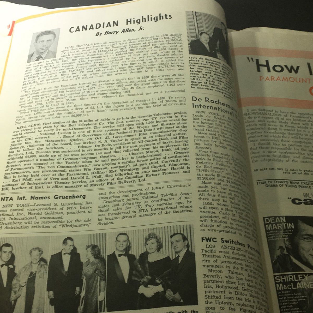 Canadian highlights article in VTG Motion Picture Exhibitor October 21 1959 detailing film rentals and industry news in Canada.