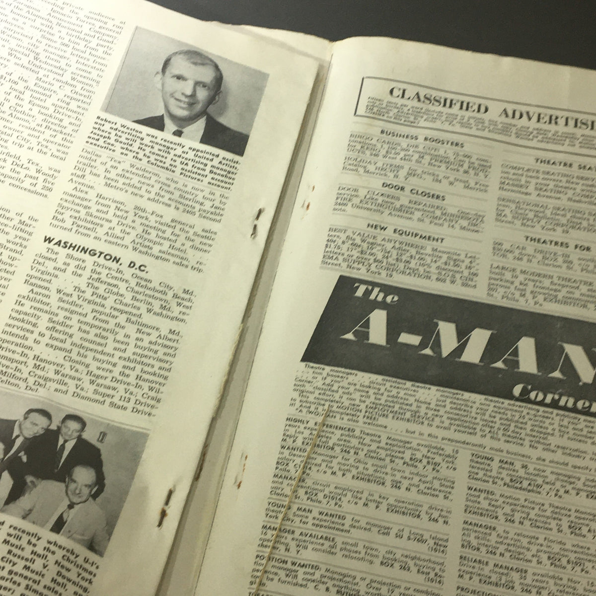 Classified advertisements page from VTG Motion Picture Exhibitor October 21 1959 including business opportunities and new equipment listings.