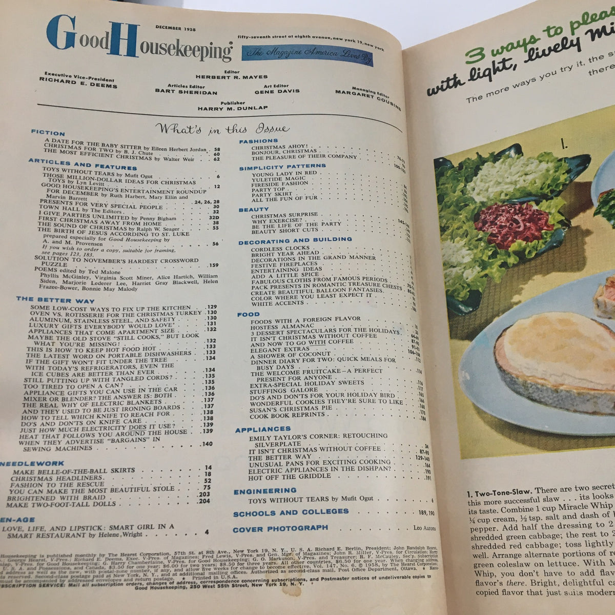 Inside page of Good Housekeeping Magazine December 1958 displaying the table of contents with various articles and features related to holiday preparations.